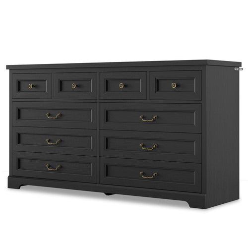 Sikaic Dresser 55 Inches 10 Drawers Dresser with Natural Texture and Vintage Handles Black Black / Engineered Wood / Modern