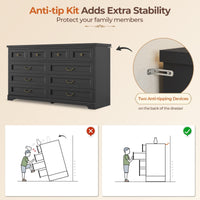 Sikaic Dresser 55 Inches 10 Drawers Dresser with Natural Texture and Vintage Handles Black Black / Engineered Wood / Modern