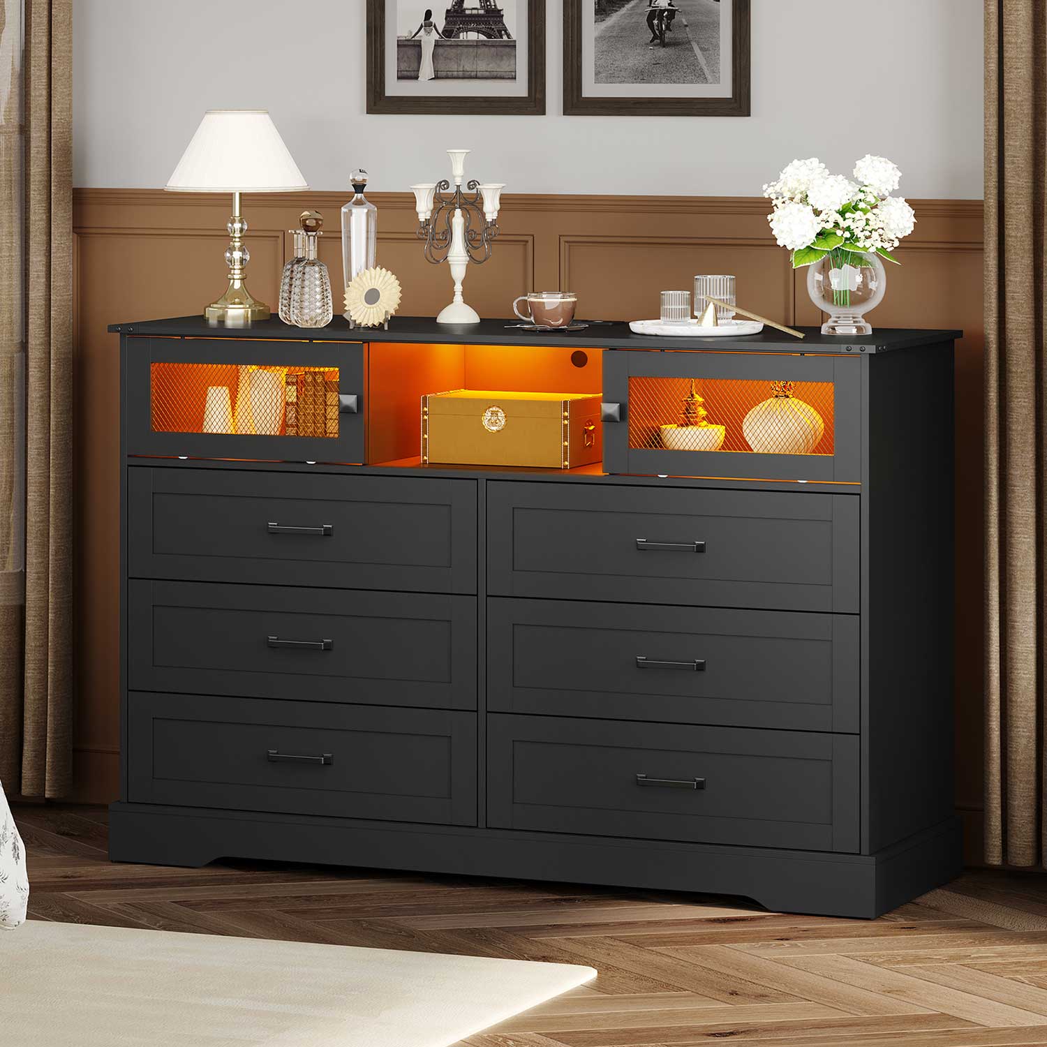 led black dresser 8-Drawer Dresser with LED Light and Power Outlet, Modern Black Storage Dresser and 55" TV Stand for Bedroom or Living Room