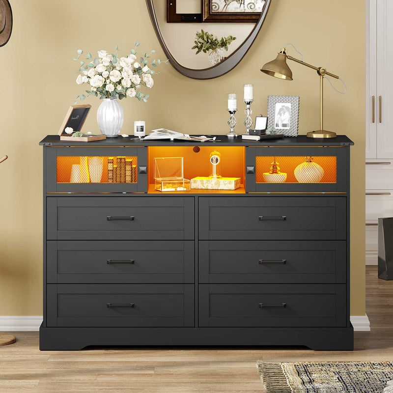 6 Drawers LED Dresser with Charging Station and 2 Sliding Doors for Bedroom Black