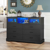 Sikaic Dresser 6 Drawers LED Dresser with Charging Station and 2 Sliding Doors for Bedroom Black Black / Engineered Wood / Modern