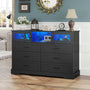 Sikaic Dresser 6 Drawers LED Dresser with Charging Station and 2 Sliding Doors for Bedroom Black Black / Engineered Wood / Modern