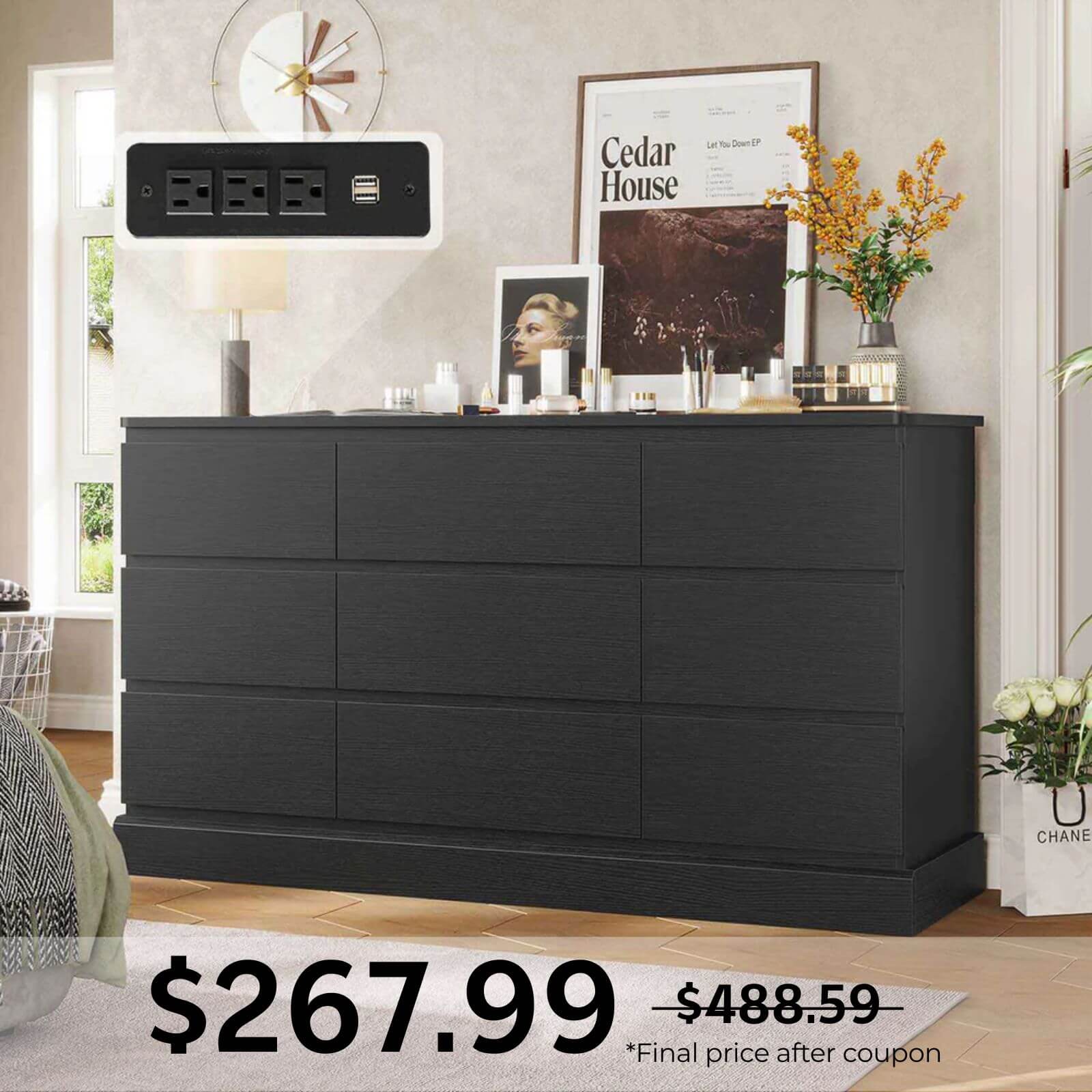 Sikaic 61.4 Dresser with 9 Drawers and Power Outlets Black Sikaic 61.4 Dresser with 9 Drawers and Power Outlets Black