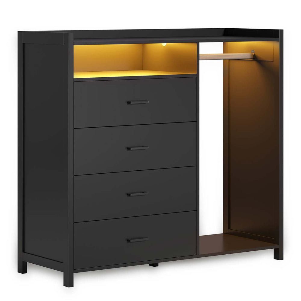 Sikaic Dresser Dresser with 4 Drawers LED Lights Black Black / Engineered Wood / Modern