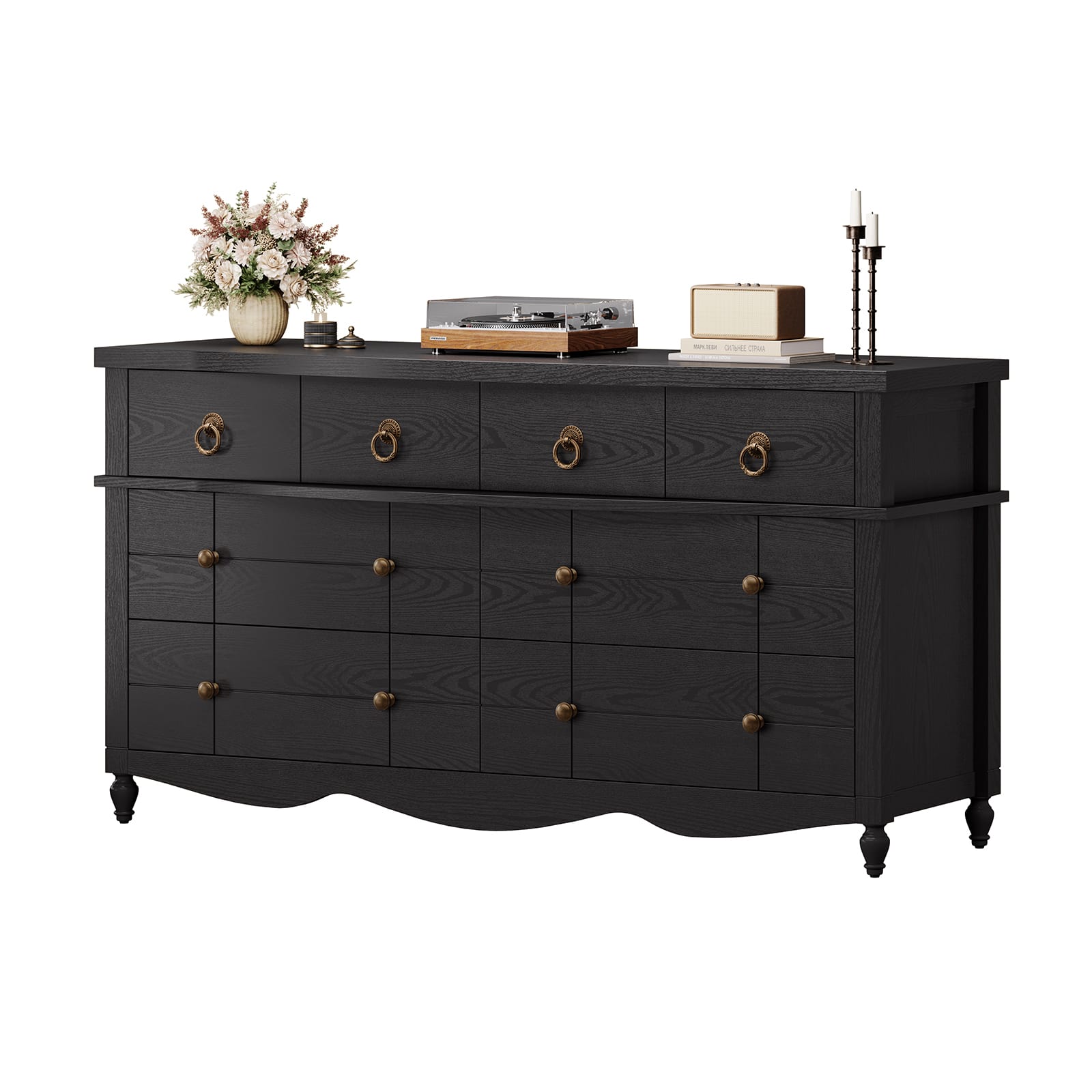 Sikaic Dresser Bedroom Furniture 52 inch Wide 7-Drawer Dresser with Roman Legs & Bronze Handles Black / Engineered Wood / Modern Farmhouse