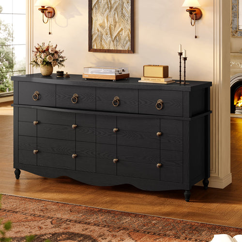 Sikaic Dresser 52 inch Wide 7-Drawer Dresser with Roman Legs & Bronze Handles Black Black / Engineered Wood / Modern Farmhouse