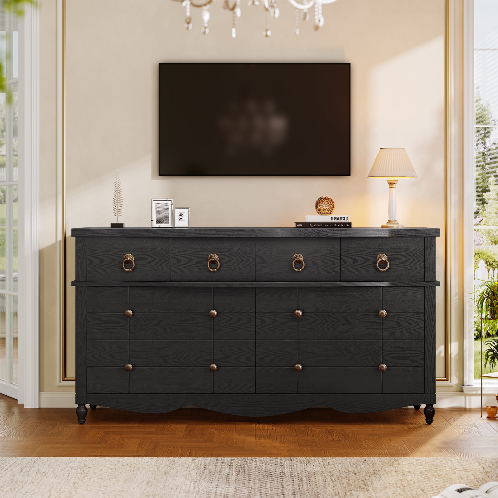 Sikaic Dresser Bedroom Furniture 52 inch Wide 7-Drawer Dresser with Roman Legs & Bronze Handles Black / Engineered Wood / Modern Farmhouse