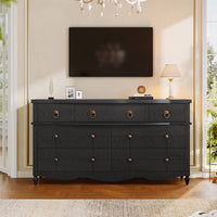 Sikaic Dresser 52 inch Wide 7-Drawer Dresser with Roman Legs & Bronze Handles Black Black / Engineered Wood / Modern Farmhouse