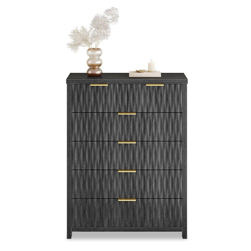 Sikaic Dresser Fluted Tall Dresser with 6 Drawers Black Black / Engineered Wood / Modern
