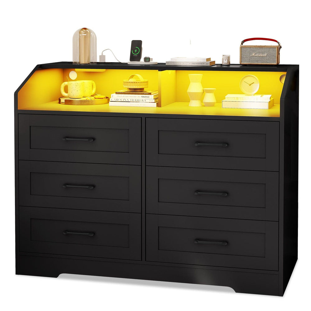 Sikaic Dresser LED 6 Drawers Dresser with Charging Station Black Black / Engineered Wood / Modern