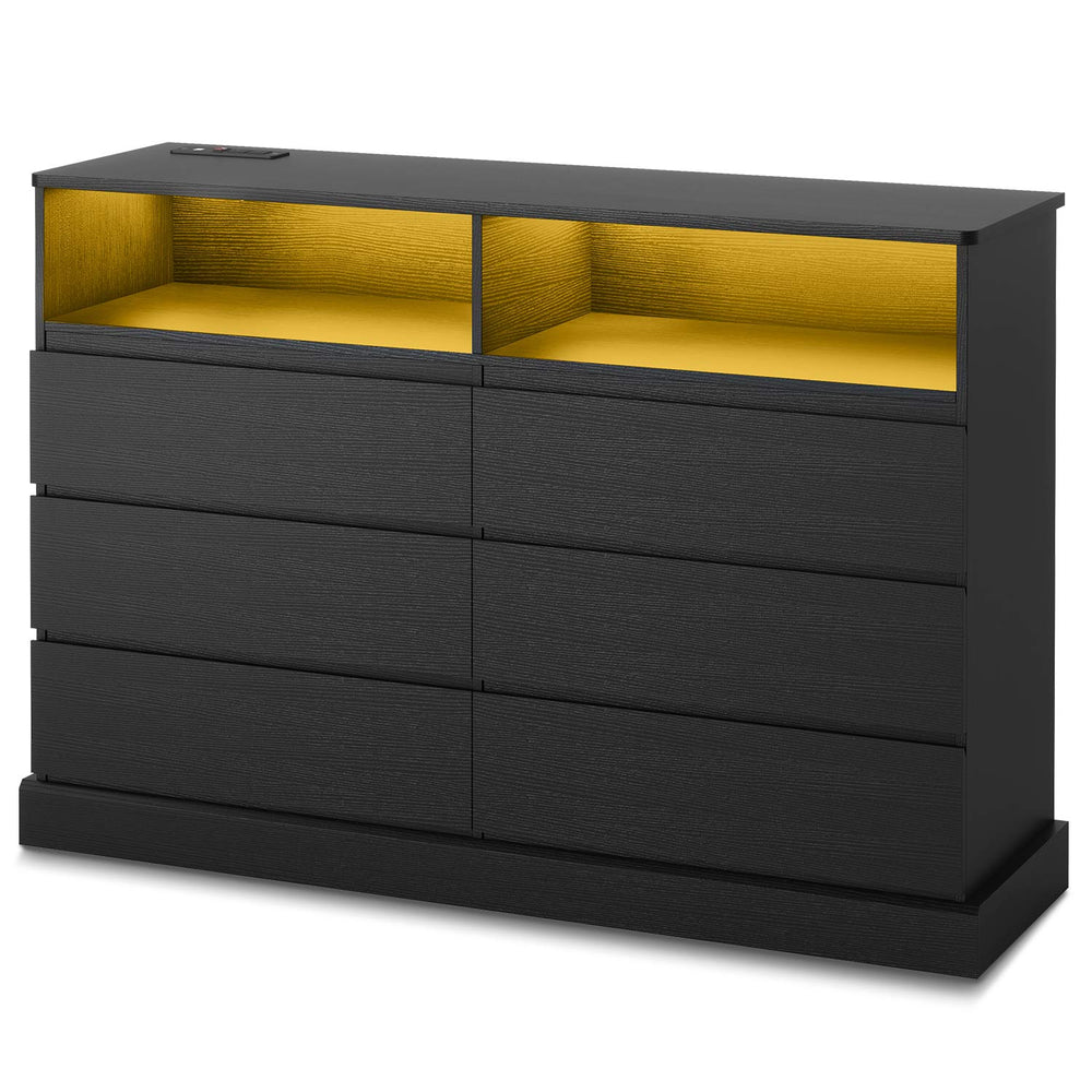 Sikaic Dresser LED Dresser with  Charging Station Black Black / Engineered Wood / Modern