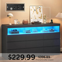Sikaic Dresser LED Wide Dresser with 9 No-Handle Drawers Black Black / Engineered Wood / Modern