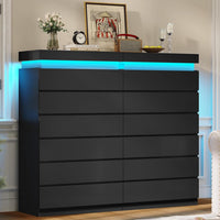 Sikaic Dresser Tall Dresser with LED Light and 6 Drawers Black Black / Engineered Wood / Modern