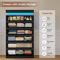 Sikaic Dresser Tall Dresser with LED Light and 6 Drawers Black Black / Engineered Wood / Modern