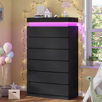 Sikaic Dresser Tall Dresser with LED Light and 6 Drawers Black Black / Engineered Wood / Modern
