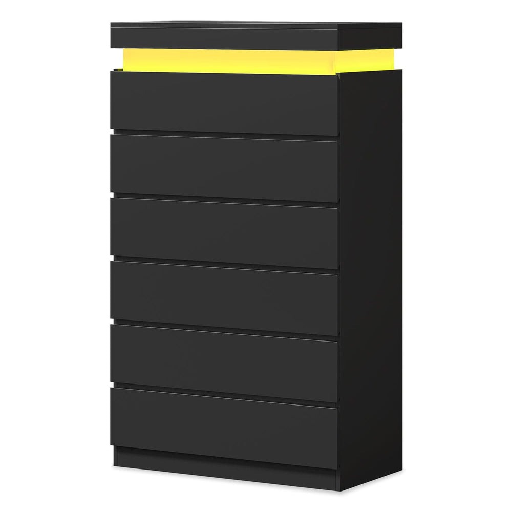 Sikaic Dresser Tall Dresser with LED Light and 6 Drawers Black Black / Engineered Wood / Modern