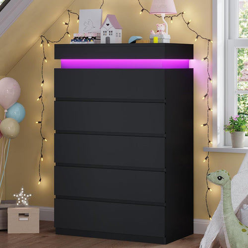 Sikaic Dresser Tall Dresser with LED Light Black Black / Engineered Wood / Modern