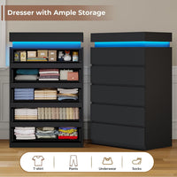 Sikaic Dresser Tall Dresser with LED Light Black Black / Engineered Wood / Modern