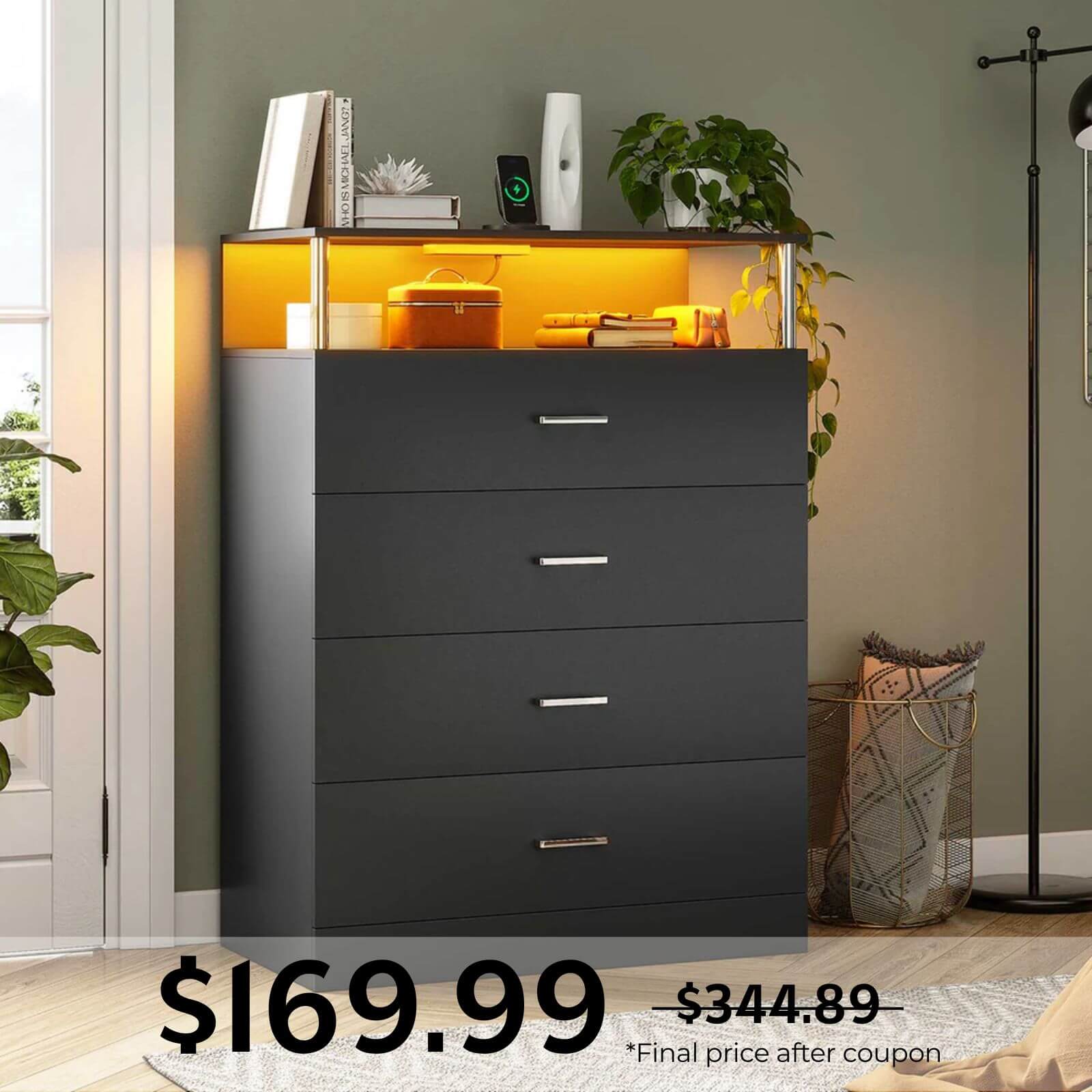 Sikaic Drawers Led Tall Dresser with Charging Station Black