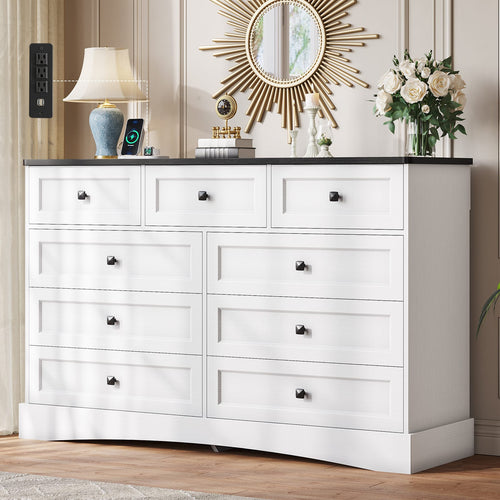 Sikaic Dresser 51.2 inch Wide 9-Drawer Dresser with Charging Station Black-White Black-White / Engineered Wood / Farmhouse