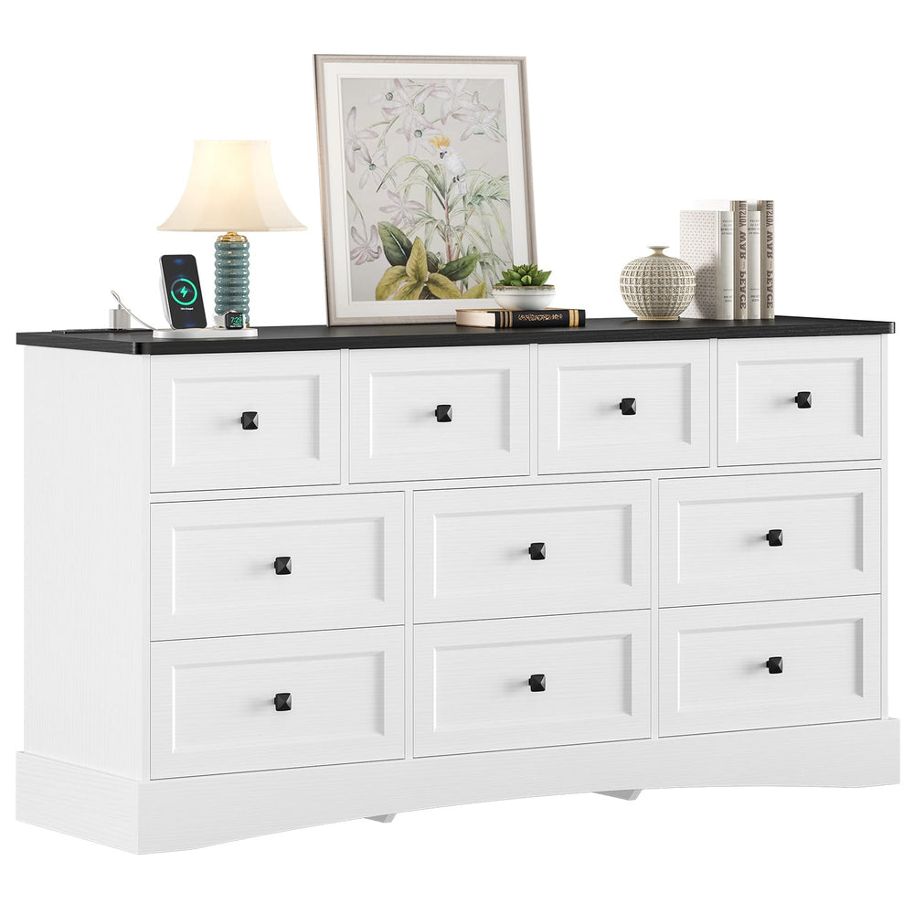 Sikaic Dresser 55.2 inch Wide 10-Drawer Dresser with Charging Station Black-White Black-White / Engineered Wood / Farmhouse