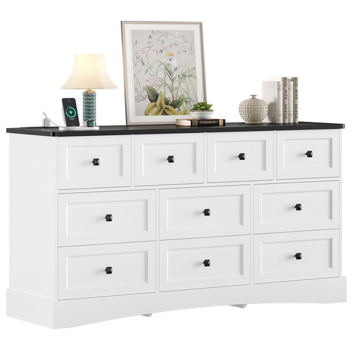 Sikaic Dresser 55.2 inch Wide 10-Drawer Dresser with Charging Station Black-White Black-White / Engineered Wood / Farmhouse
