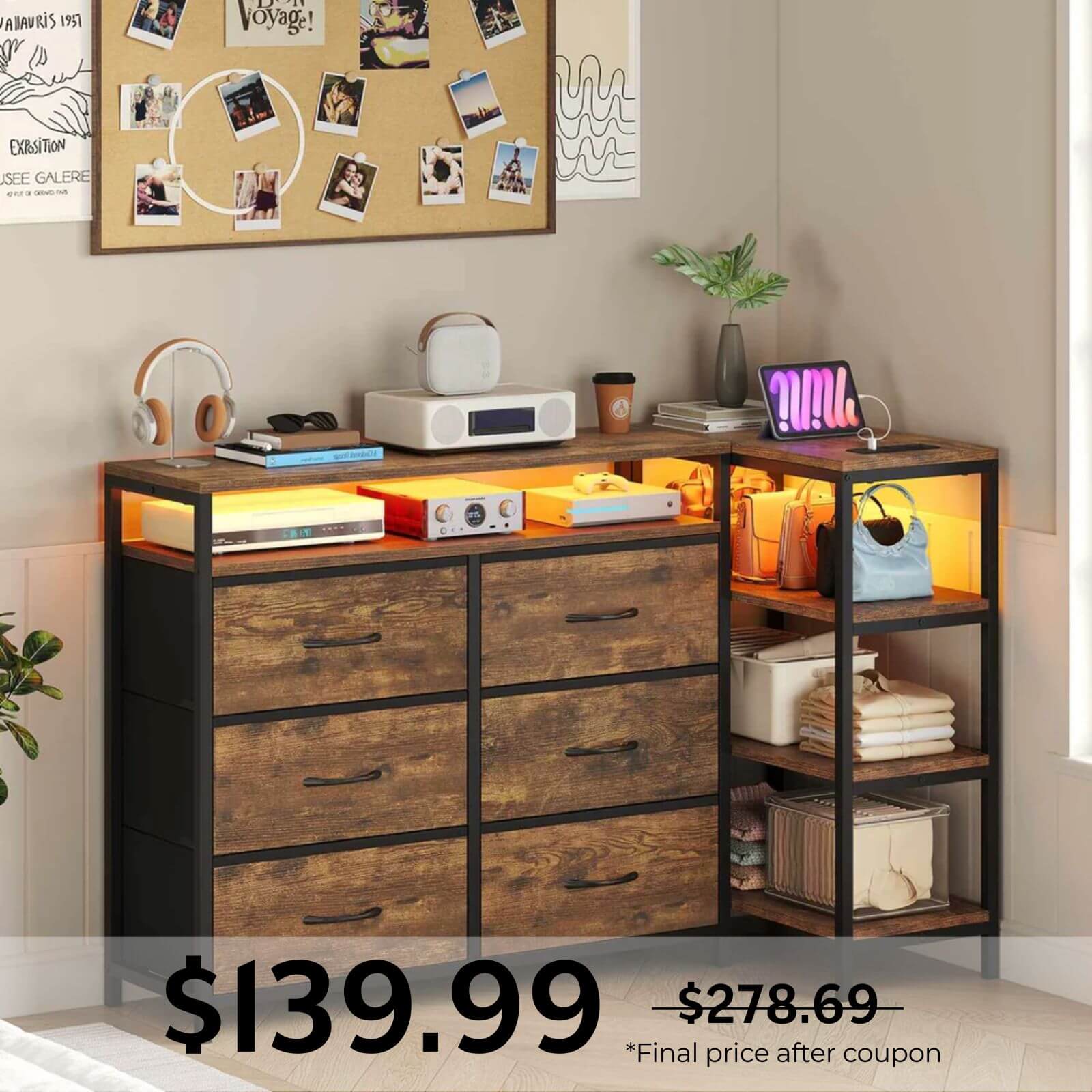 Sikaic Dresser Bedroom Furniture Corner L Shaped LED TV Stand Convertible Dresser Brown / Engineered Wood / Modern Sikaic Dresser Bedroom Furniture Corner L Shaped LED TV Stand Convertible Dresser Brown / Engineered Wood / Modern