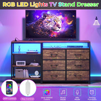 Sikaic Dresser Corner L Shaped LED TV Stand Convertible Dresser with Charging Station and Open Shelf & PU Finish Drawers for Living Room Brown Brown / Engineered Wood / Modern