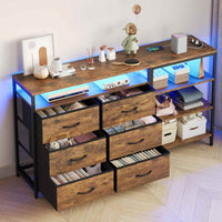 Sikaic Dresser Corner L Shaped LED TV Stand Convertible Dresser with Charging Station and Open Shelf & PU Finish Drawers for Living Room Brown Brown / Engineered Wood / Modern