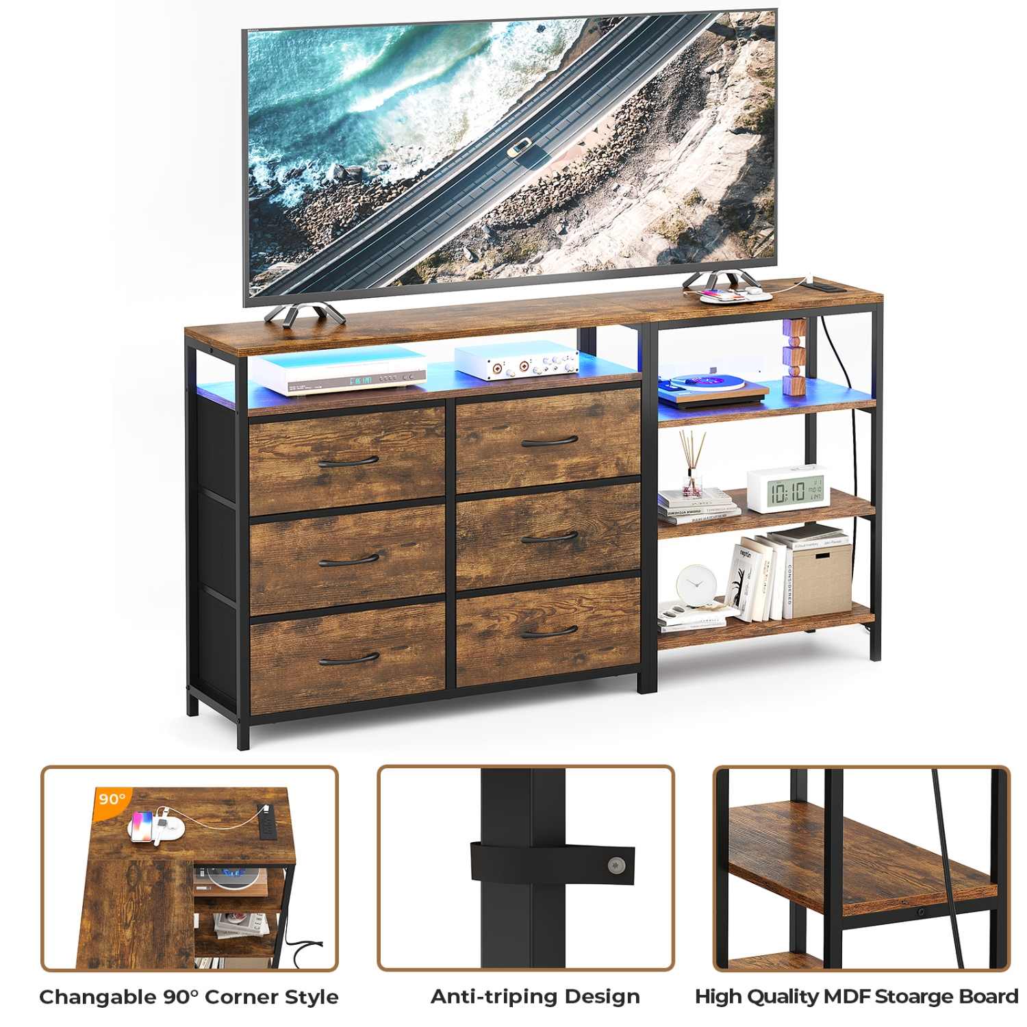 Sikaic Dresser Bedroom Furniture Corner L Shaped LED TV Stand Convertible Dresser Brown / Engineered Wood / Modern Sikaic Dresser Bedroom Furniture Corner L Shaped LED TV Stand Convertible Dresser Brown / Engineered Wood / Modern