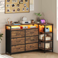 Sikaic Dresser Corner L Shaped LED TV Stand Convertible Dresser with Charging Station and Open Shelf & PU Finish Drawers for Living Room Brown Brown / Engineered Wood / Modern