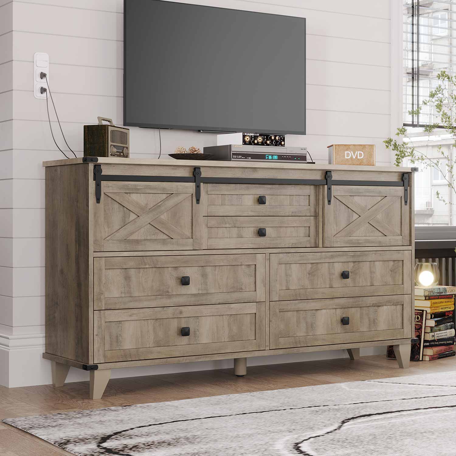 farmhouse grey dresser 6 Drawers for Bedroom, 54" Wide Large Dressers & Chests of Drawers w/Roman Column, Wooden Dresser TV Stand with Large Drawers for Nursery Bedroom Living Room Hallway,Dark Rustic Oak Grey Wash 6 Drawer Dresser for Bedroom,