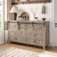 Sikaic Dresser Farmhouse 6 Drawers Long Storage Dresser with Sliding Barn Door  for Bedroom Rustic Oak Grey Grey / Engineered Wood / Modern