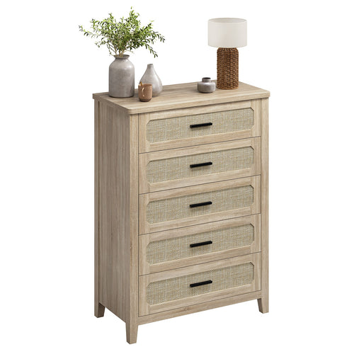 Sikaic Dresser 44 inch Tall Rattan 5 Drawer Dresser Grey Oak Grey Oak / Engineered Wood / Boho