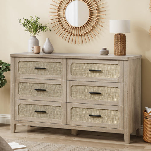 Sikaic Dresser 48 inch Wide Rattan 6 Drawer Dresser Grey Oak Grey Oak / Engineered Wood / Boho