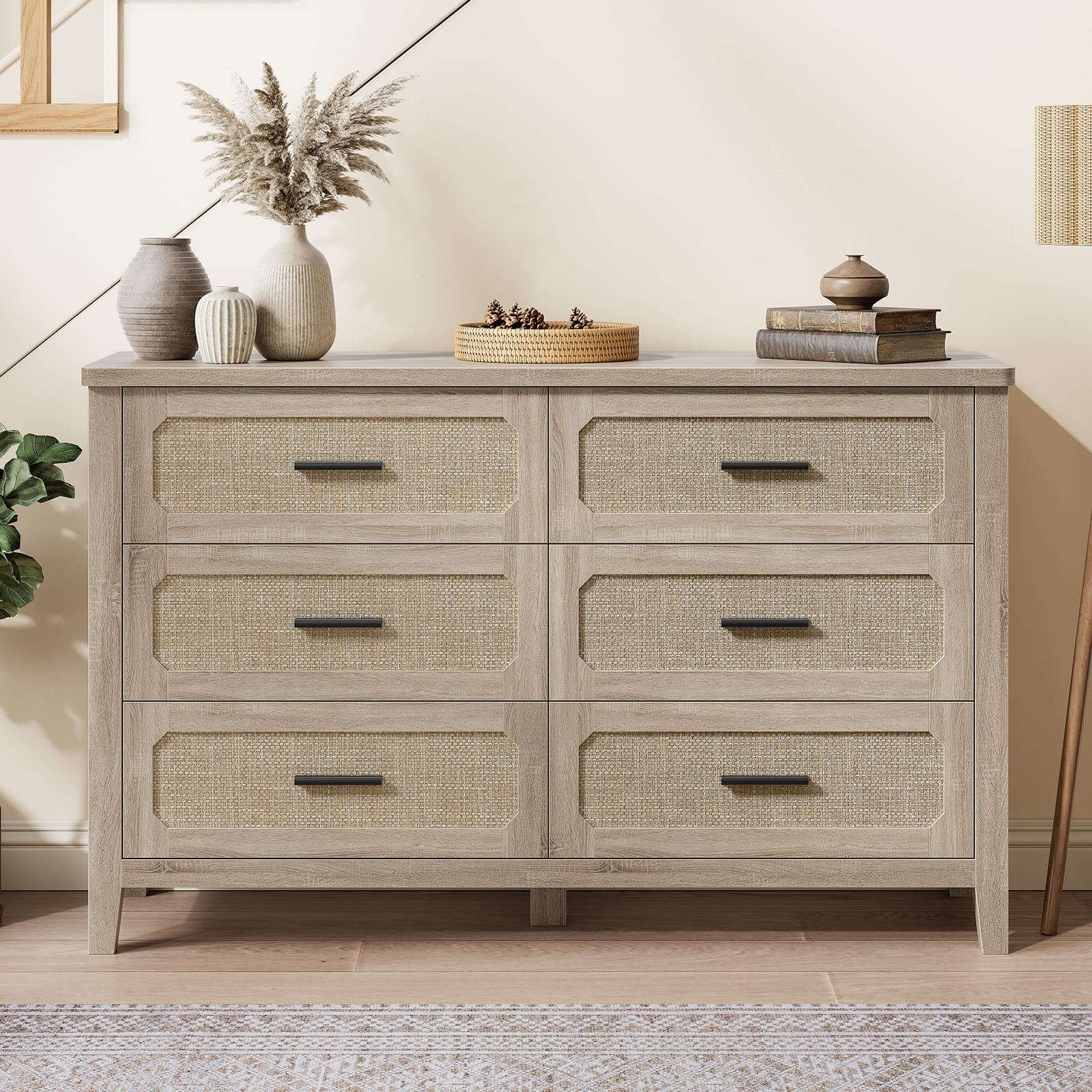 Sikaic Dresser 48 inch Wide Rattan 6 Drawer Dresser Grey Oak Boho