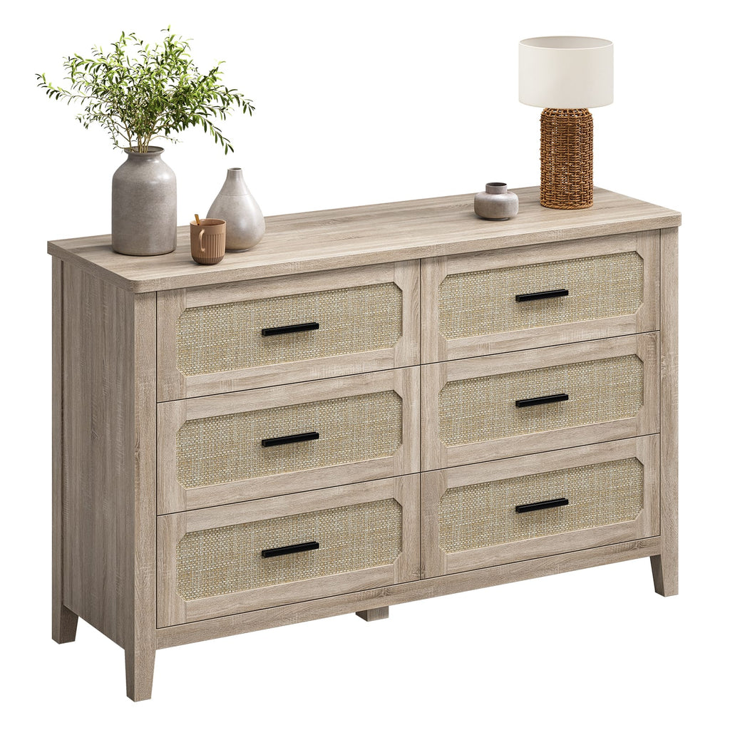 48 inch Wide Rattan 6 Drawer Dresser Grey Oak