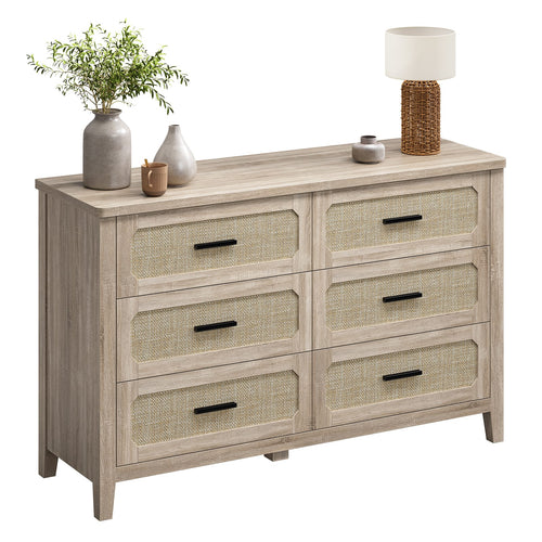 Sikaic Dresser 48 inch Wide Rattan 6 Drawer Dresser Grey Oak Grey Oak / Engineered Wood / Boho