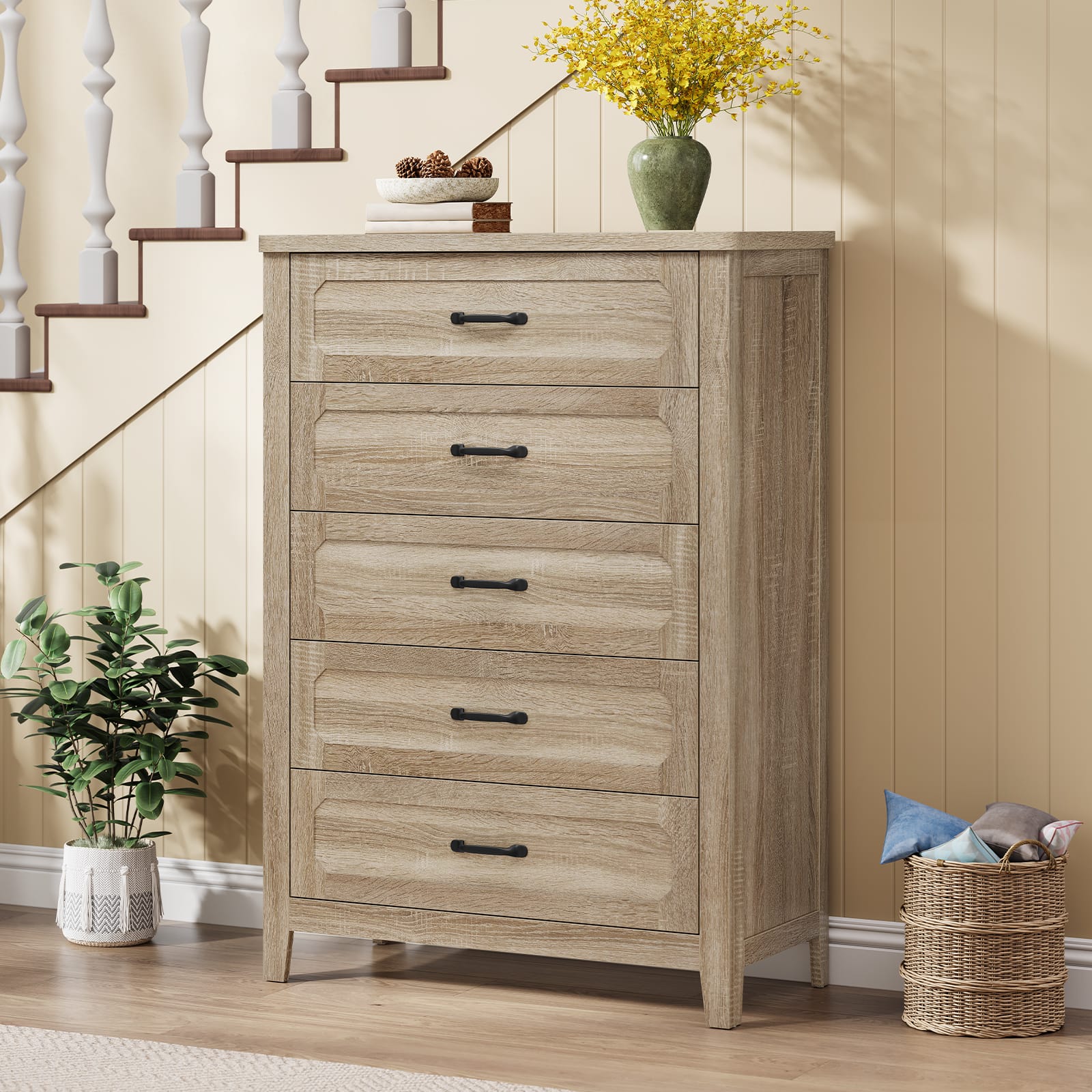 Sikaic Dresser 44 Inch 5 Drawer Dresser with Metal Handles Grey Oak Farmhouse Sikaic Dresser 44 Inch 5 Drawer Dresser with Metal Handles Grey Oak Farmhouse