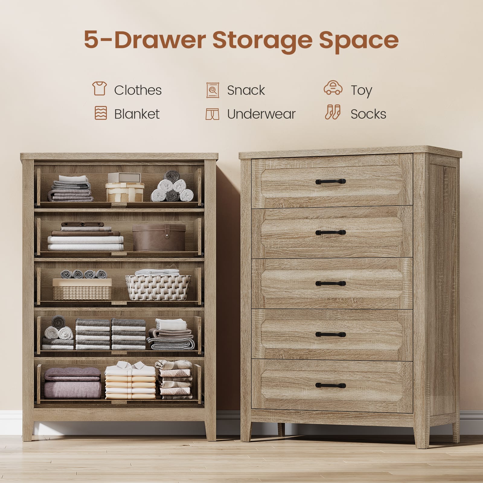 Sikaic Dresser 44 Inch 5 Drawer Dresser with Metal Handles Grey Oak Farmhouse Sikaic Dresser 44 Inch 5 Drawer Dresser with Metal Handles Grey Oak Farmhouse