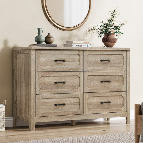 Sikaic Dresser 48 inch Farmhouse 6-Drawer Dresser with Metal Handles & TV Stand Top Grey Oak Grey Oak / Engineered Wood / Farmhouse