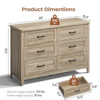 Sikaic Dresser 48 inch Farmhouse 6-Drawer Dresser with Metal Handles & TV Stand Top Grey Oak Grey Oak / Engineered Wood / Farmhouse