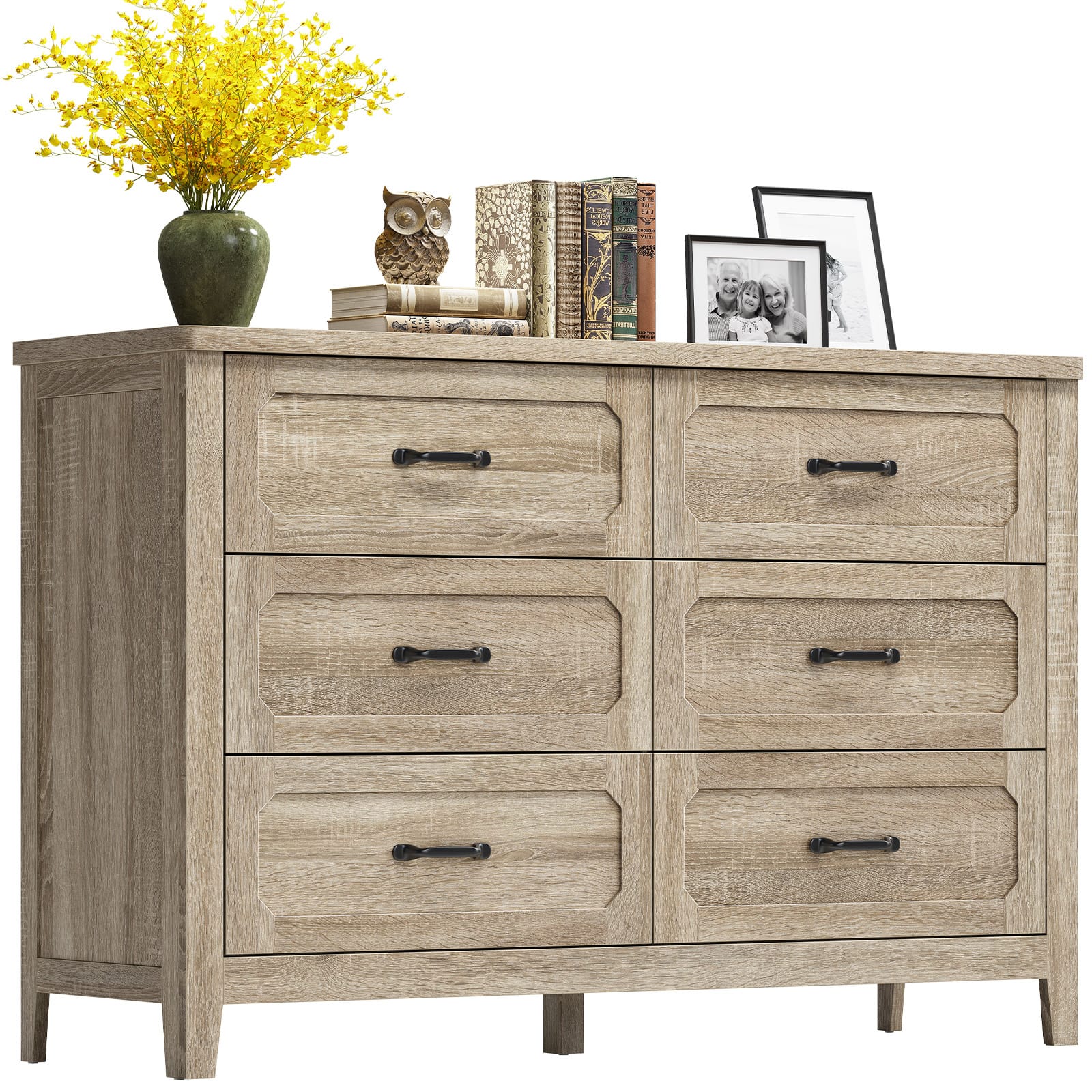 48 inch dresser Sikaic 48 inch Farmhouse 6-Drawer Dresser with Metal Handles & TV Stand Top Grey Oak
