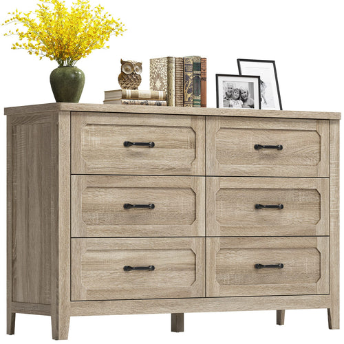 Sikaic Dresser 54 Inch Farmhouse 6 Drawer Dresser Grey Oak Grey Oak / Engineered Wood / Farmhouse