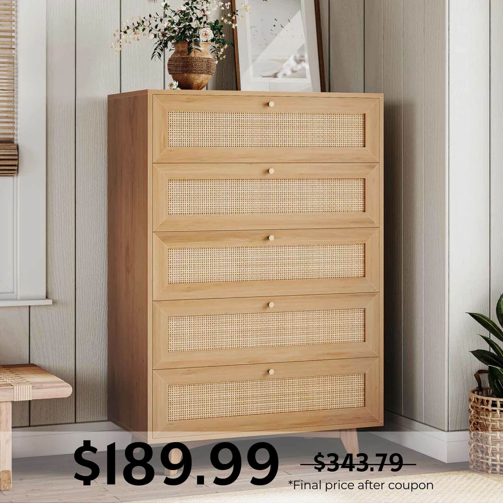 Rattan 5 Drawers Dresser Natural Bohemian - Sikaic - Chest of Drawers Rattan 5 Drawers Dresser Natural Bohemian - Sikaic - Chest of Drawers