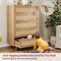 Sikaic Dresser Wooden Tall Dresser with 5 Natural Rattan Drawers and Gold Handles for Nursery Entryway Living Room Natural / Engineered Wood / Bohemian