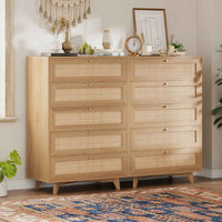 Sikaic Dresser Wooden Tall Dresser with 5 Natural Rattan Drawers and Gold Handles for Nursery Entryway Living Room Natural / Engineered Wood / Bohemian