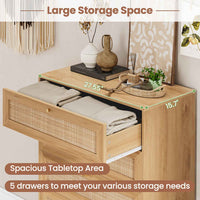 Sikaic Dresser Wooden Tall Dresser with 5 Natural Rattan Drawers and Gold Handles for Nursery Entryway Living Room Natural / Engineered Wood / Bohemian