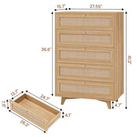 Sikaic Dresser Wooden Tall Dresser with 5 Natural Rattan Drawers and Gold Handles for Nursery Entryway Living Room Natural / Engineered Wood / Bohemian