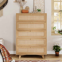 Sikaic Dresser Wooden Tall Dresser with 5 Natural Rattan Drawers and Gold Handles for Nursery Entryway Living Room Natural / Engineered Wood / Bohemian